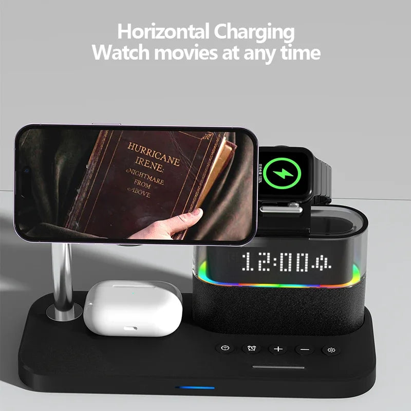 New 5 In 1 Wireless Charger Stand Alarm Clock RGB Night Light Fast Charging Station For iPhone16 15 14 13 12 Apple Watch Airpods