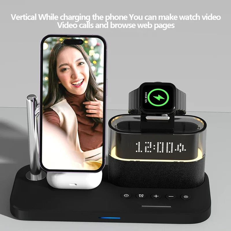 New 5 In 1 Wireless Charger Stand Alarm Clock RGB Night Light Fast Charging Station For iPhone16 15 14 13 12 Apple Watch Airpods