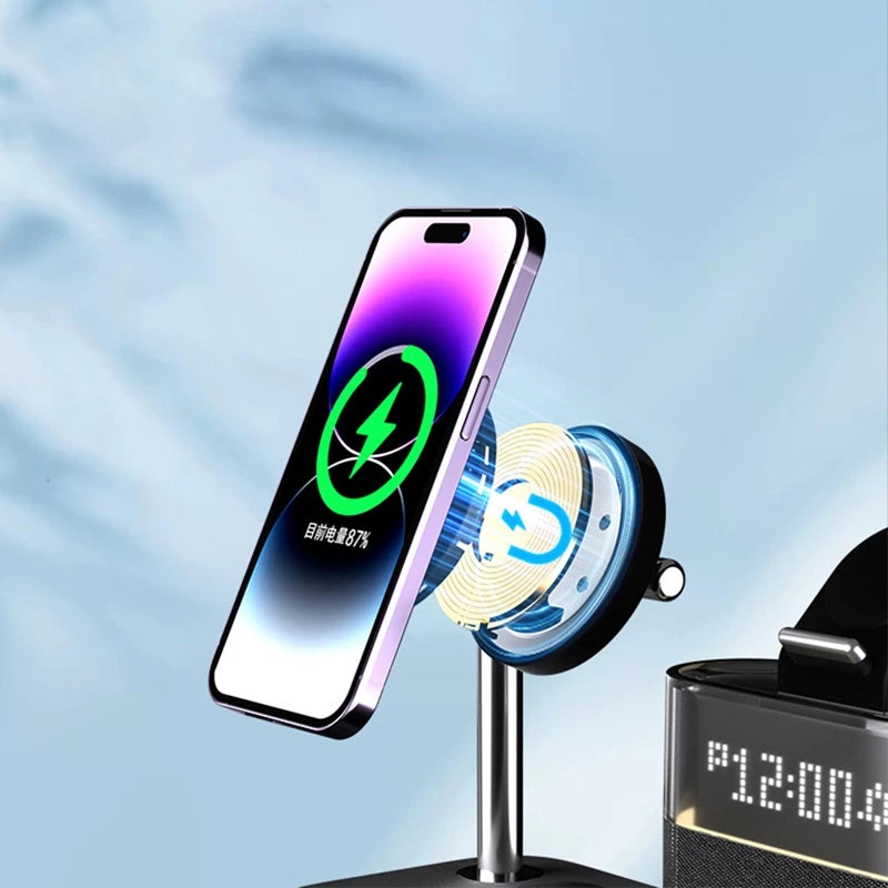 5 In 1 Magnetic Wireless Charger Stand LED Night Light Alarm Clock Fast Charging Station White