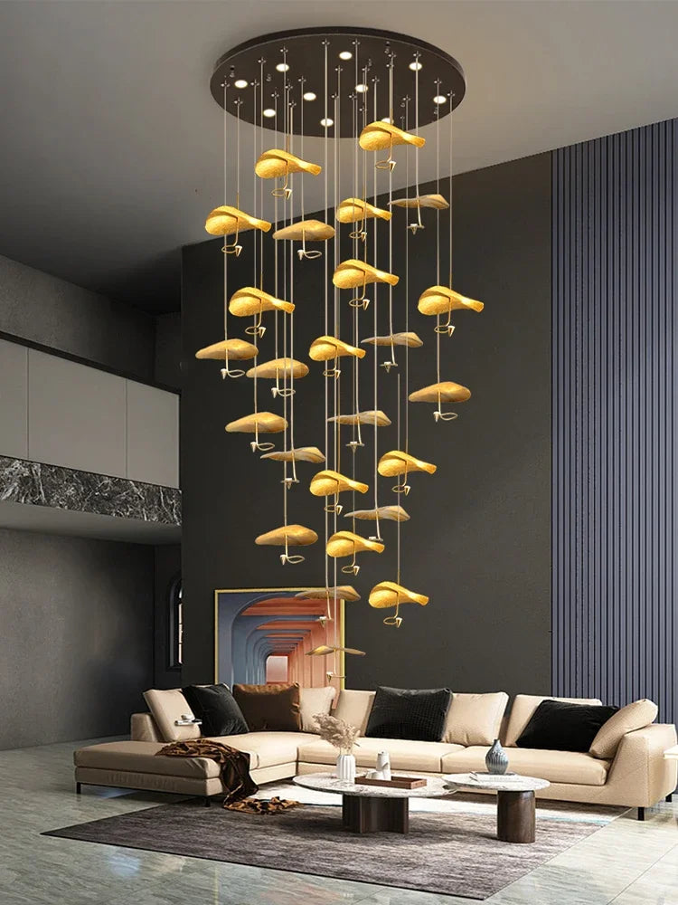 Modern Copper Lotus Staircase LED Chandelier For Duplex Living Room Luxury Large Leaf Villa Home Indoor Lighting Lustre Fixtures