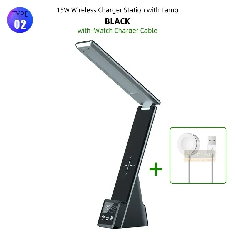 15W Wireless Charger with Alarm Clock for iPhone 15 14 13 12 Wireless Fast Charging Station with Night Light For iWatch8 AirPods
