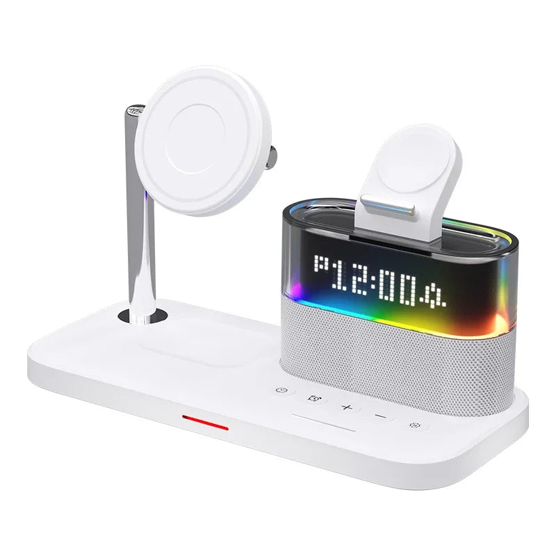 New 5 In 1 Wireless Charger Stand Alarm Clock RGB Night Light Fast Charging Station For iPhone16 15 14 13 12 Apple Watch Airpods