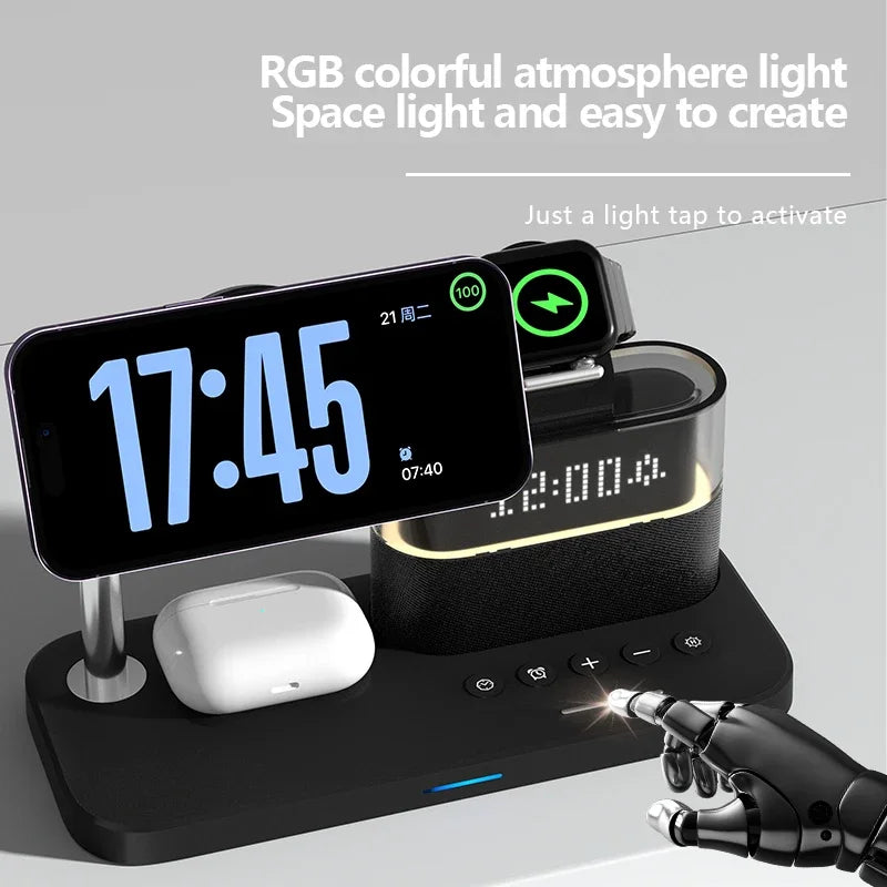 New 5 In 1 Wireless Charger Stand Alarm Clock RGB Night Light Fast Charging Station For iPhone16 15 14 13 12 Apple Watch Airpods