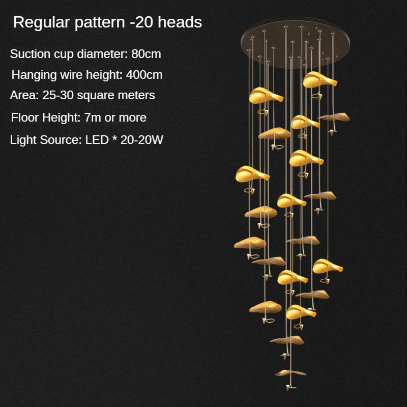 Modern Copper Lotus Staircase LED Chandelier For Duplex Living Room Luxury Large Leaf Villa Home Indoor Lighting Lustre Fixtures