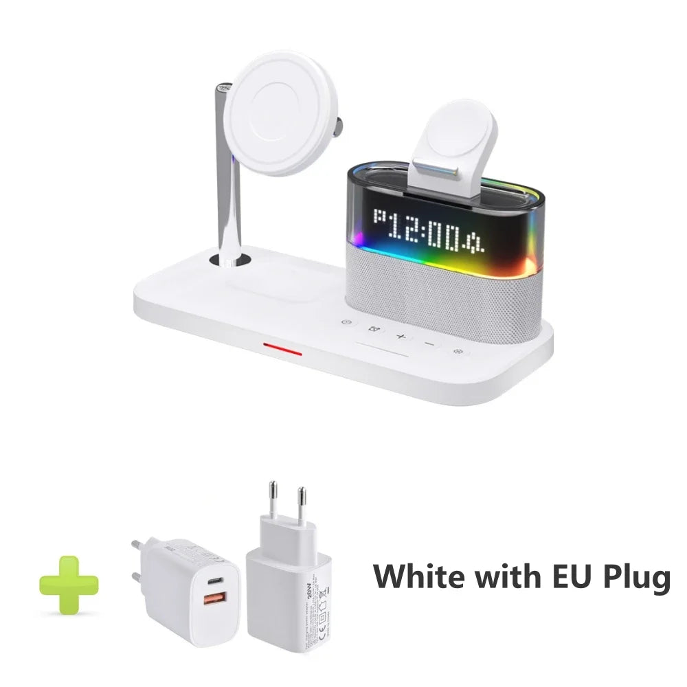 New 5 In 1 Wireless Charger Stand Alarm Clock RGB Night Light Fast Charging Station For iPhone16 15 14 13 12 Apple Watch Airpods