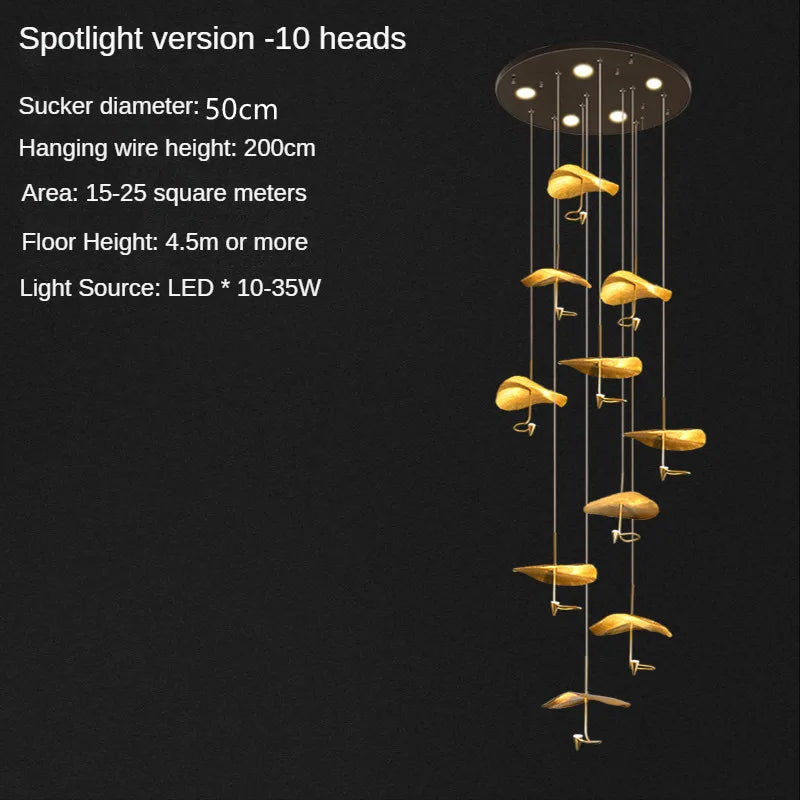 Modern Copper Lotus Staircase LED Chandelier For Duplex Living Room Luxury Large Leaf Villa Home Indoor Lighting Lustre Fixtures