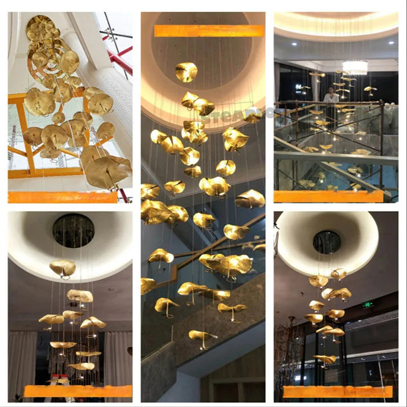 Modern Copper Lotus Staircase LED Chandelier For Duplex Living Room Luxury Large Leaf Villa Home Indoor Lighting Lustre Fixtures