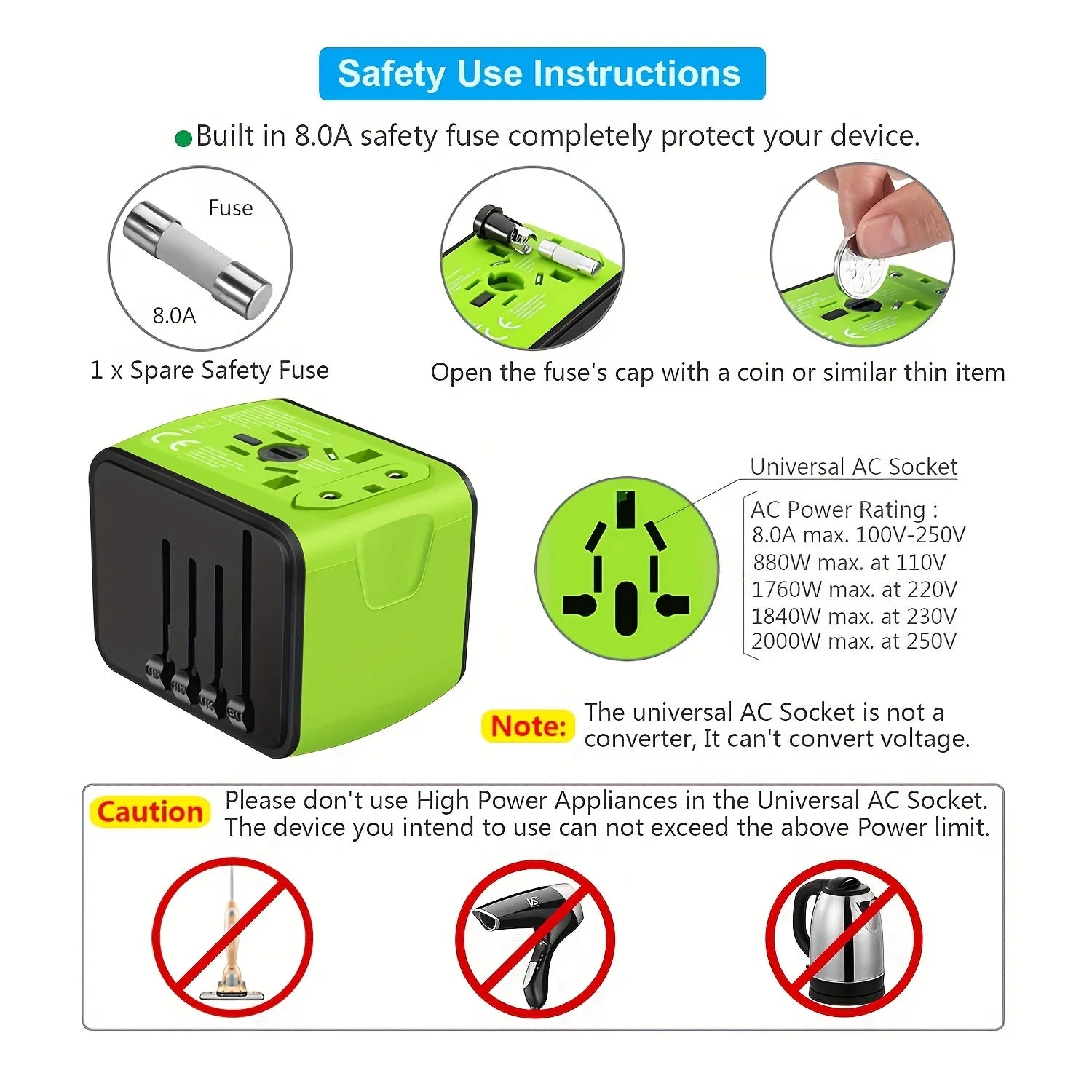 travel essentials 1pc Universal International Travel Power Adapter W/High Speed 2.4A USB-A, 3.0A Type-C Wall Charger, European A