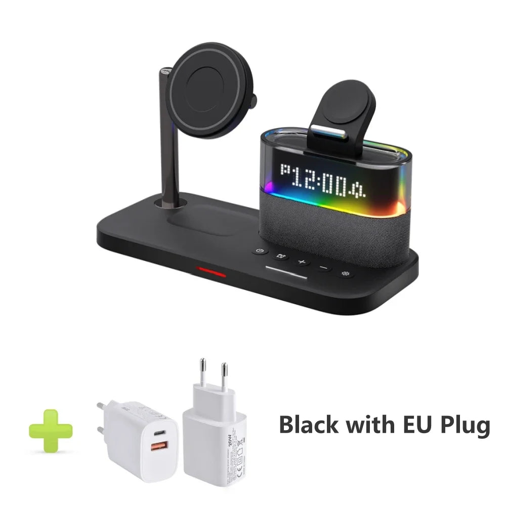 New 5 In 1 Wireless Charger Stand Alarm Clock RGB Night Light Fast Charging Station For iPhone16 15 14 13 12 Apple Watch Airpods