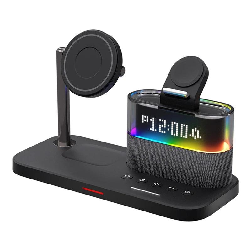 5 In 1 Magnetic Wireless Charger Stand LED Night Light Alarm Clock Fast Charging Station Black