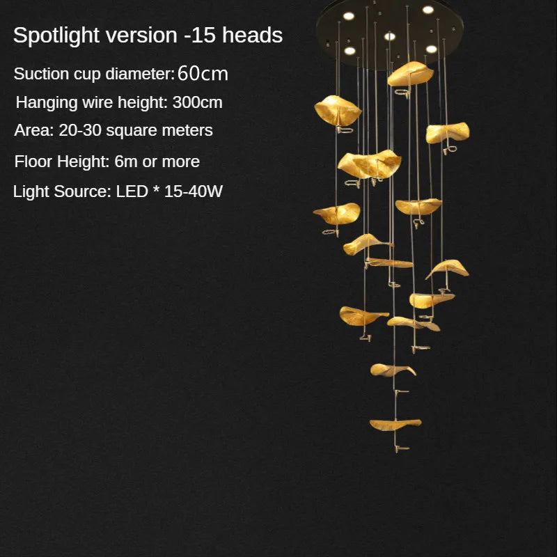 Modern Copper Lotus Staircase LED Chandelier For Duplex Living Room Luxury Large Leaf Villa Home Indoor Lighting Lustre Fixtures