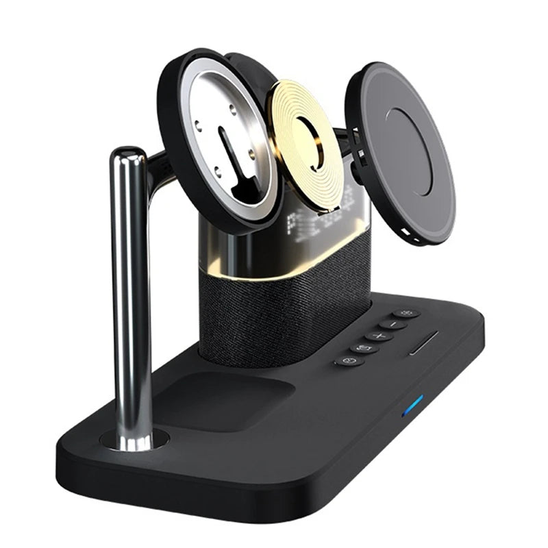 5 In 1 Magnetic Wireless Charger Stand LED Night Light Alarm Clock Fast Charging Station Black