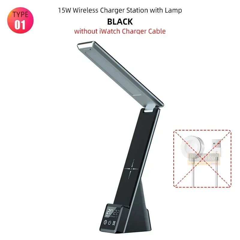 15W Wireless Charger with Alarm Clock for iPhone 15 14 13 12 Wireless Fast Charging Station with Night Light For iWatch8 AirPods