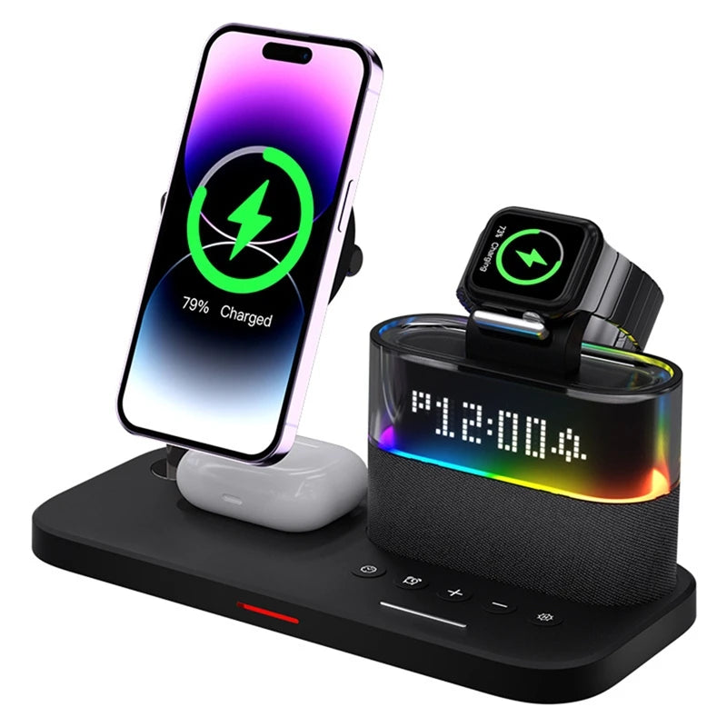 5 In 1 Magnetic Wireless Charger Stand LED Night Light Alarm Clock Fast Charging Station White
