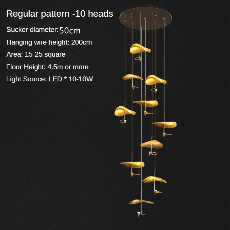 Modern Copper Lotus Staircase LED Chandelier For Duplex Living Room Luxury Large Leaf Villa Home Indoor Lighting Lustre Fixtures