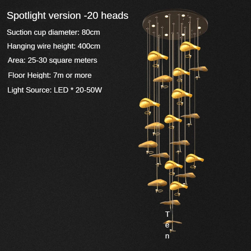 Modern Copper Lotus Staircase LED Chandelier For Duplex Living Room Luxury Large Leaf Villa Home Indoor Lighting Lustre Fixtures