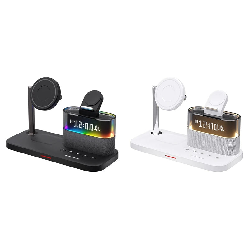 5 In 1 Magnetic Wireless Charger Stand LED Night Light Alarm Clock Fast Charging Station White