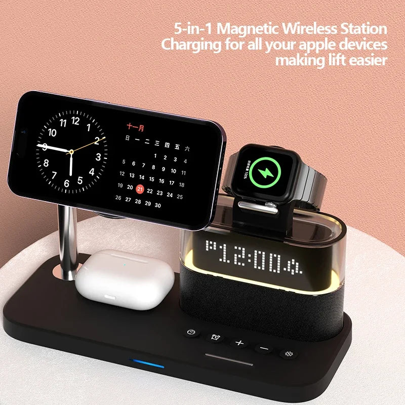 New 5 In 1 Wireless Charger Stand Alarm Clock RGB Night Light Fast Charging Station For iPhone16 15 14 13 12 Apple Watch Airpods