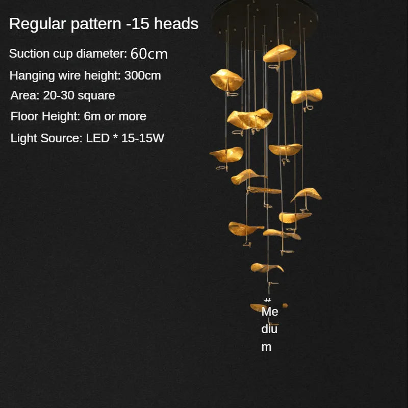 Modern Copper Lotus Staircase LED Chandelier For Duplex Living Room Luxury Large Leaf Villa Home Indoor Lighting Lustre Fixtures