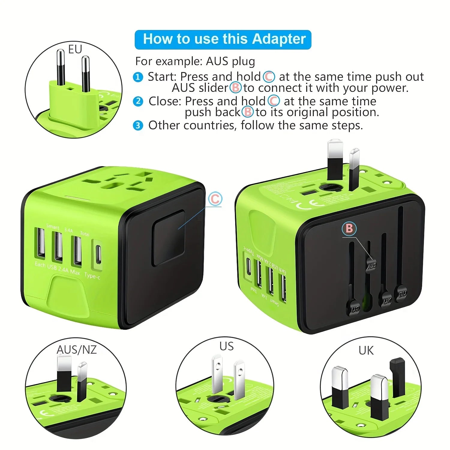 travel essentials 1pc Universal International Travel Power Adapter W/High Speed 2.4A USB-A, 3.0A Type-C Wall Charger, European A