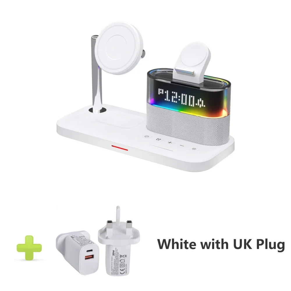 New 5 In 1 Wireless Charger Stand Alarm Clock RGB Night Light Fast Charging Station For iPhone16 15 14 13 12 Apple Watch Airpods