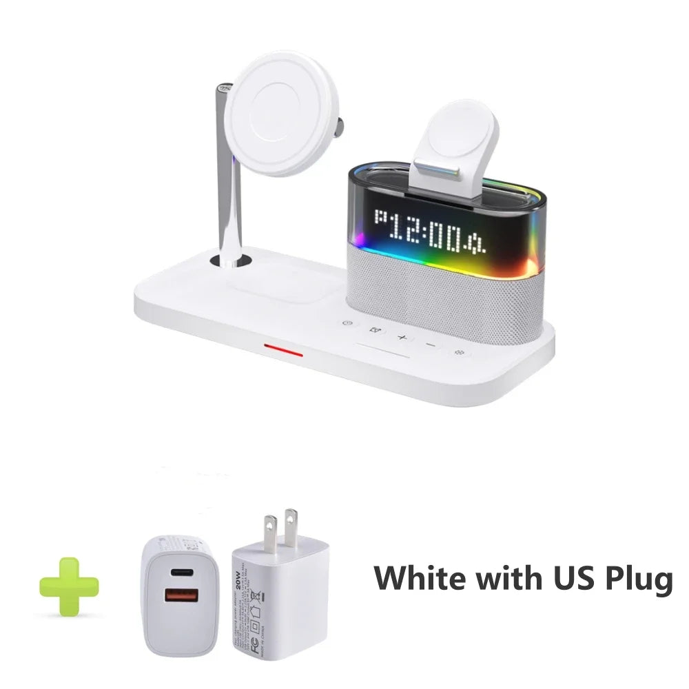 New 5 In 1 Wireless Charger Stand Alarm Clock RGB Night Light Fast Charging Station For iPhone16 15 14 13 12 Apple Watch Airpods